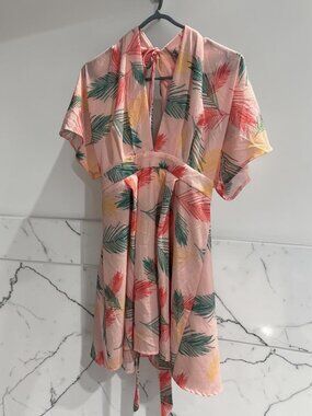 🌴 Floerns Tropical Palm Leaf Plunge V-Neck Dress| Size L